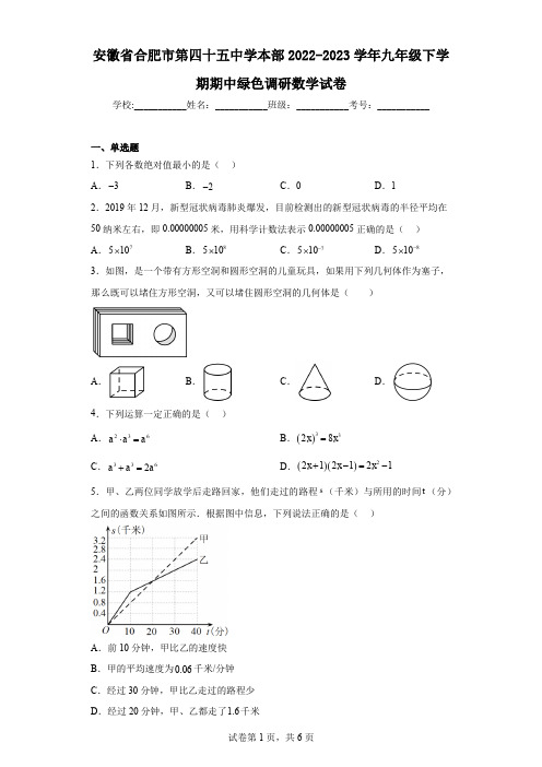 安徽省合肥市第四十五中学本部2022-2023学年九年级下学期期中绿色调研数学试卷