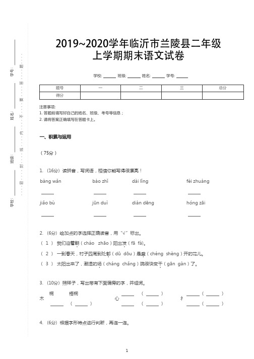 山东省临沂市兰陵县语文二年级上学期期末试卷 2019-2020学年(人教部编版,PDF版,含答案)