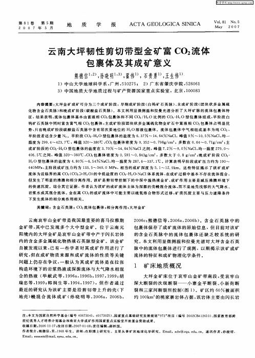 云南大坪韧性剪切带型金矿富CO2流体包裹体及其成矿意义