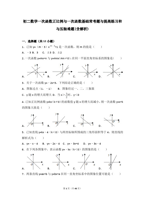 初二数学一次函数正比例与一次函数基础常考题与提高练习和与压轴难题(含解析)