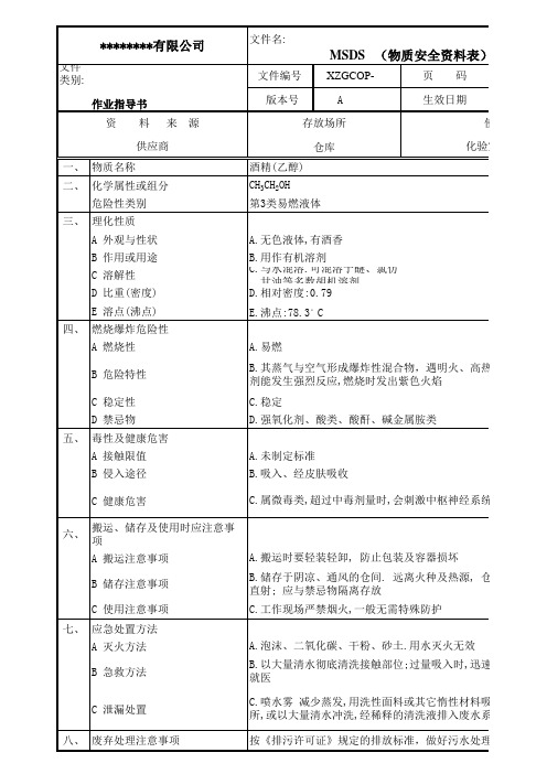 酒精(乙醇)物质安全资料表MSDS