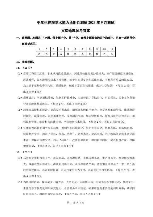 THUSSAT中学生标准学术能力诊断性测试2024届高三上学期9月测试文科综合地理答案