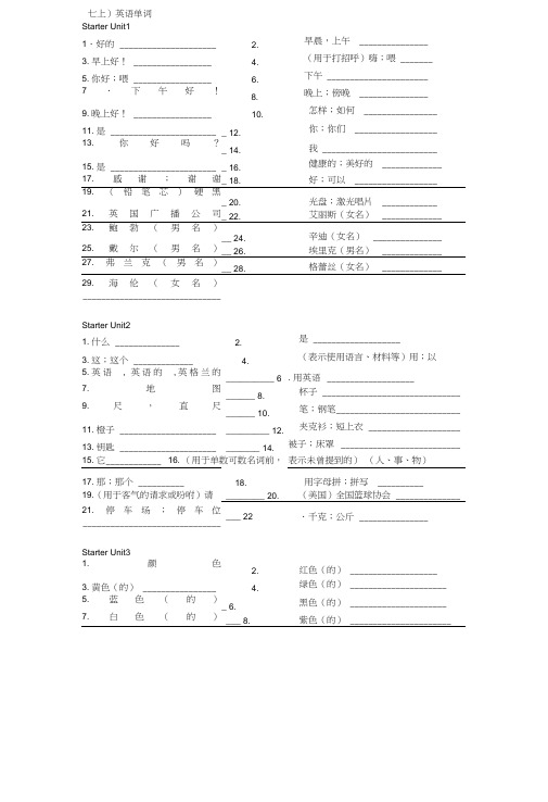 (完整版)人教版初中英语单词默写表