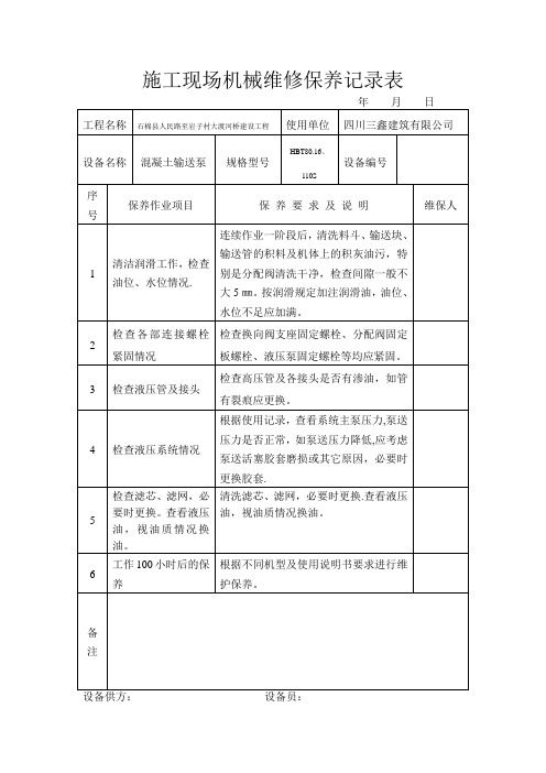 施工现场机械维修保养记录表【范本模板】