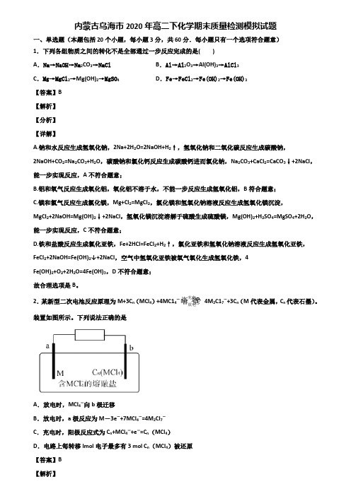 内蒙古乌海市2020年高二下化学期末质量检测模拟试题含解析