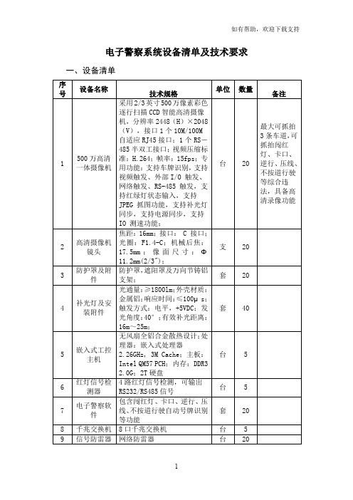 电子警察系统设备清单和技术要求