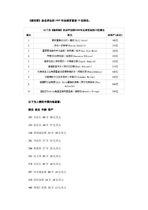 2009福布斯全球富豪榜