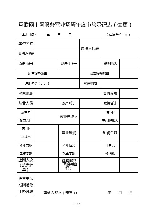 互联网上网服务营业场所年度审验登记表(变更)