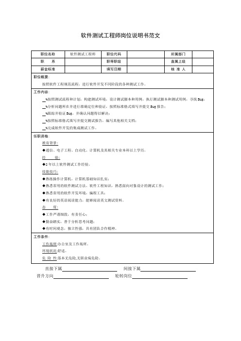 软件测试工程师岗位说明书范文