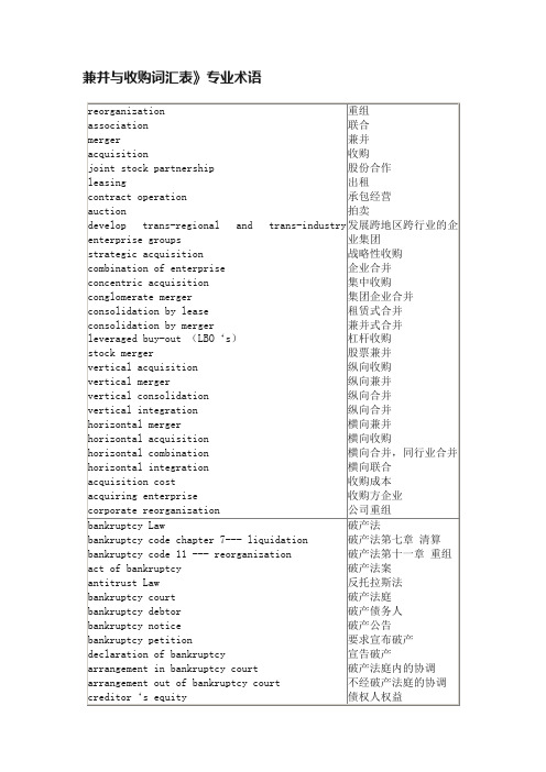 兼并与收购词汇表》专业术语