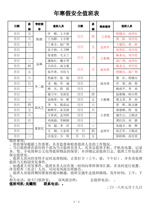 2018年寒假安全值班表