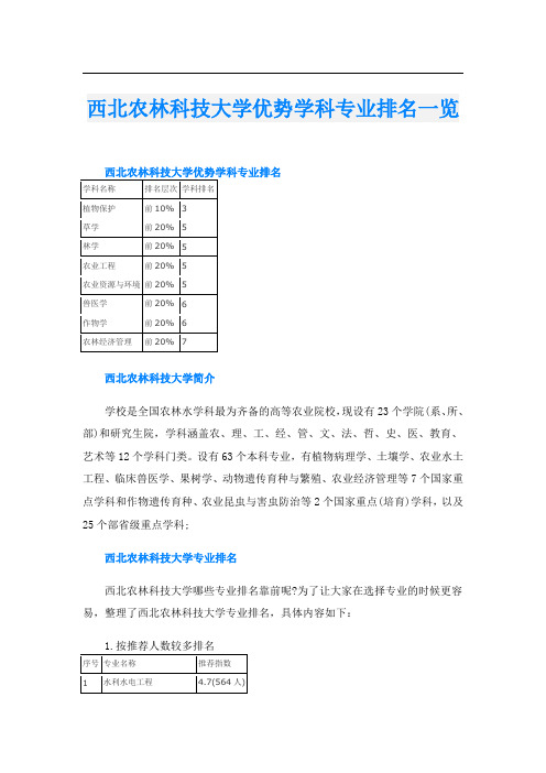 西北农林科技大学优势学科专业排名一览