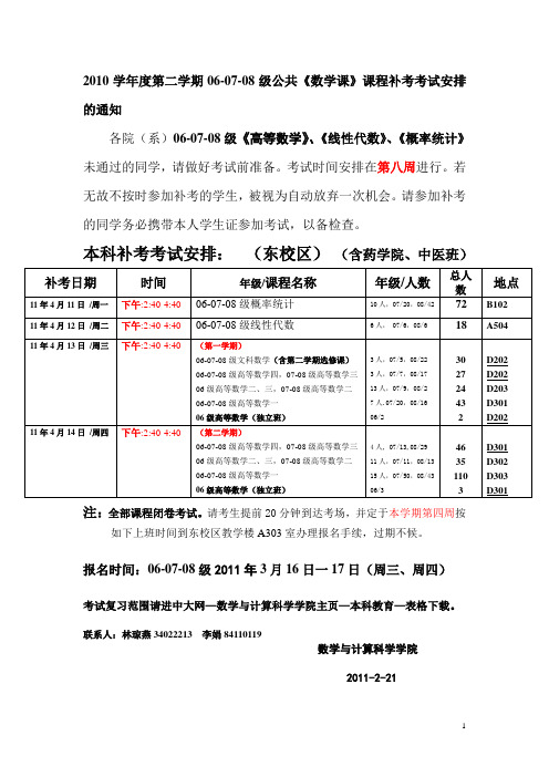 2010学年度第二学期06-07-08级公共《数学课》课程补考考试