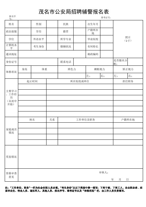 茂名市公安局招聘辅警报名表