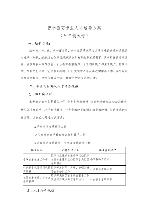 音乐教育专业人才培养方案三年制大专