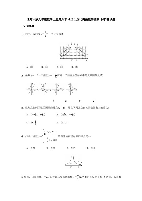 北师大版九年级数学上册  6.2.1反比例函数的图象 同步测试题(含答案)