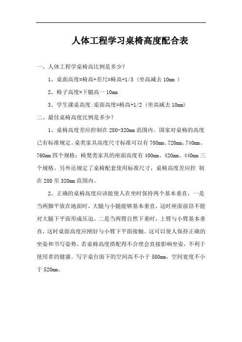 人因工程学习桌椅高度配合表