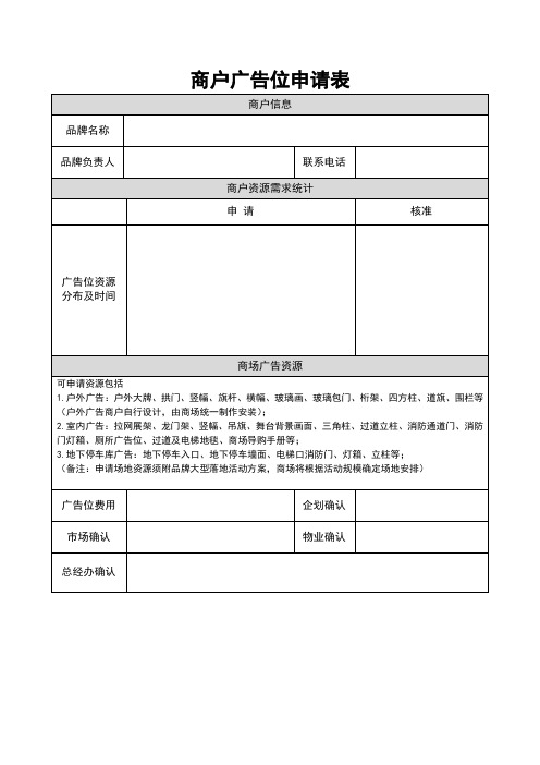 商户临时广告位申请表(模板)doc