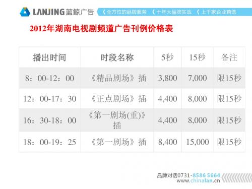 2012年湖南电视台电视剧频道广告价格刊例表