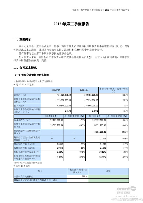 独 一 味：2012年第三季度报告全文