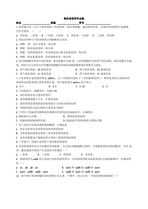 人教版高中生物必修二染色体变异作业纸练习题