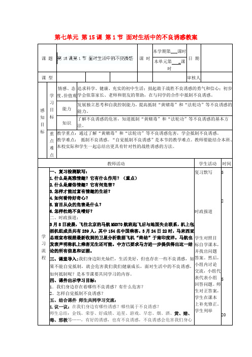 七年级政治下册 第七单元 第15课 第1节 面对生活中的不良诱惑教案 鲁教版