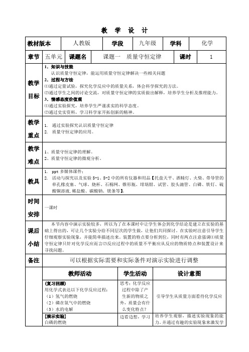 第五单元课题1：质量守恒定律教案