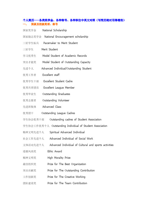 2马心同-个人简历——各类奖学金、各种称号、各种职位中英文对照(写简历绝对用得着的)