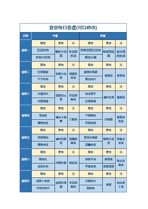 食堂每日营养食谱菜单Excel模板