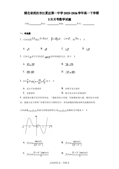 湖北省武汉市江夏区第一中学2023-2024学年高一下学期3月月考数学试题