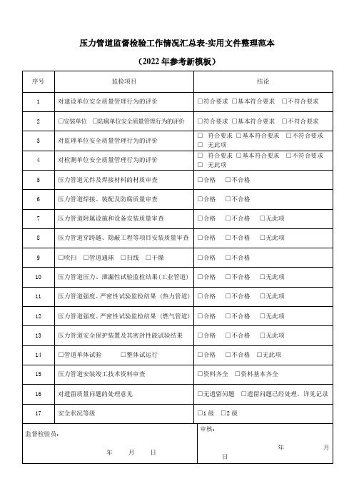 压力管道监督检验工作情况汇总表-实用文件整理范本(2022年参考新模板)