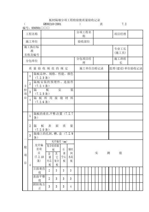 板材隔墙分项工程检验批质量验收记录