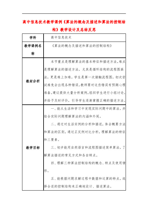 高中信息技术教学课例《算法的概念及描述和算法的控制结构》课程思政核心素养教学设计及总结反思