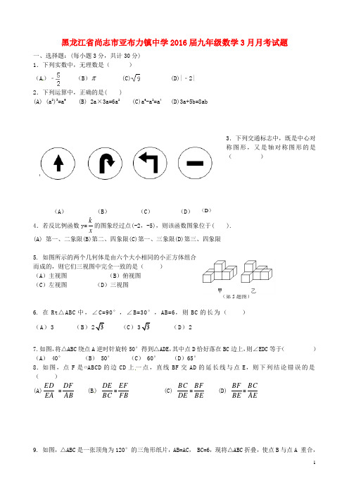 黑龙江省尚志市亚布力镇中学2016届九年级数学3月月考试题(无答案)