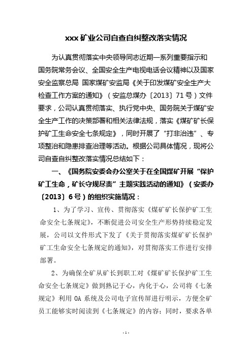 xxx矿业公司自查自纠整改落实情况_