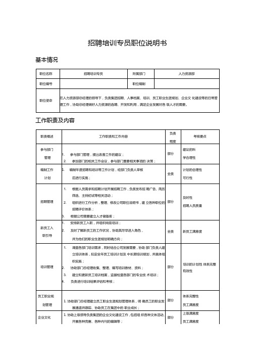 招聘培训专员职位说明书