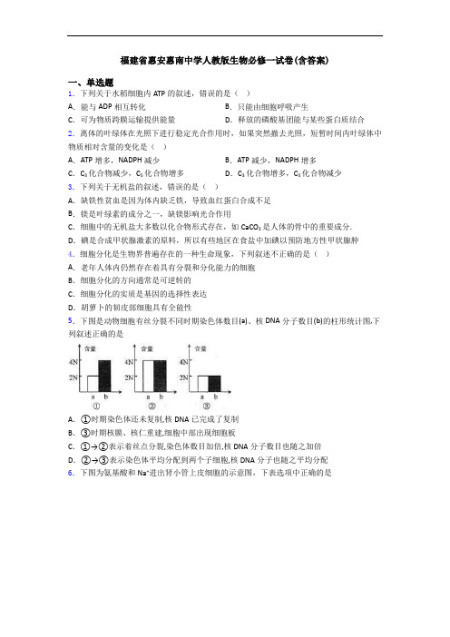 福建省惠安惠南中学人教版生物必修一试卷(含答案)