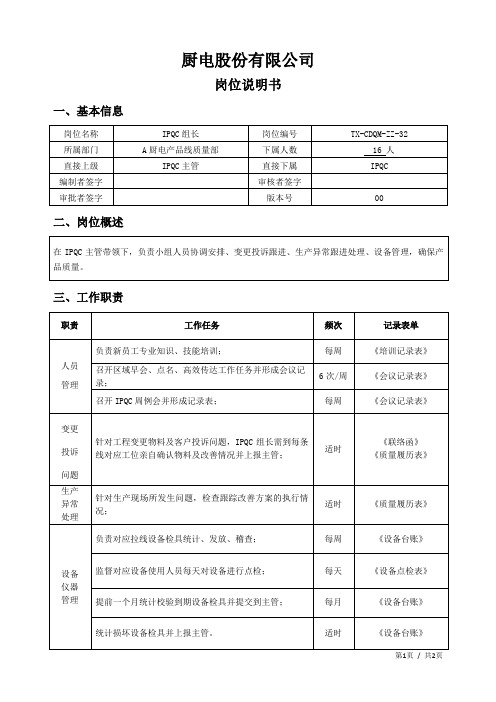 IPQC组长岗位说明书