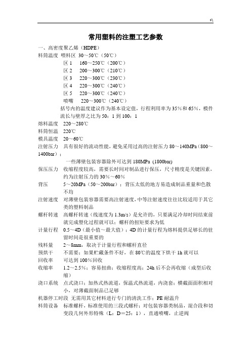 普通注塑工艺标准参数