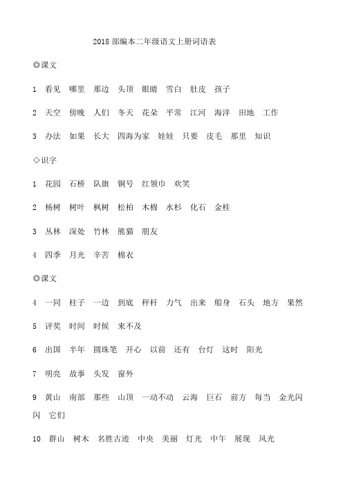 xx年部编本二年级语文上册书本词语表