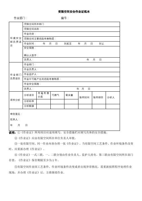 受限空间安全作业证范本