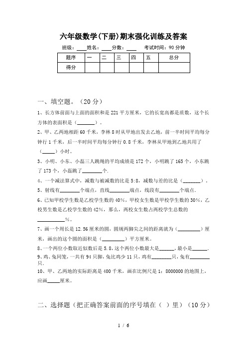 六年级数学(下册)期末强化训练及答案
