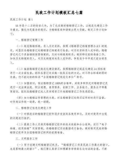 民政工作计划模板汇总七篇