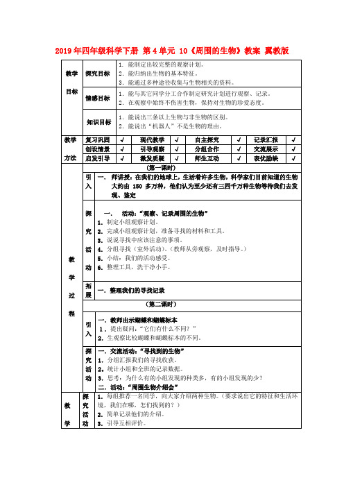 (小学教育)2019年四年级科学下册 第4单元 10《周围的生物》教案 翼教版