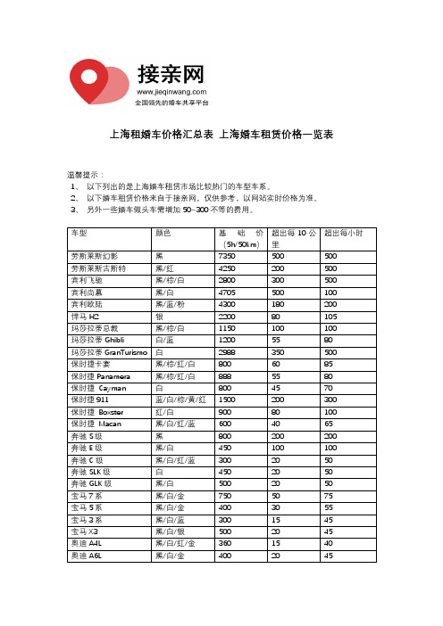 上海租婚车价格汇总表 上海婚车租赁价格一览表