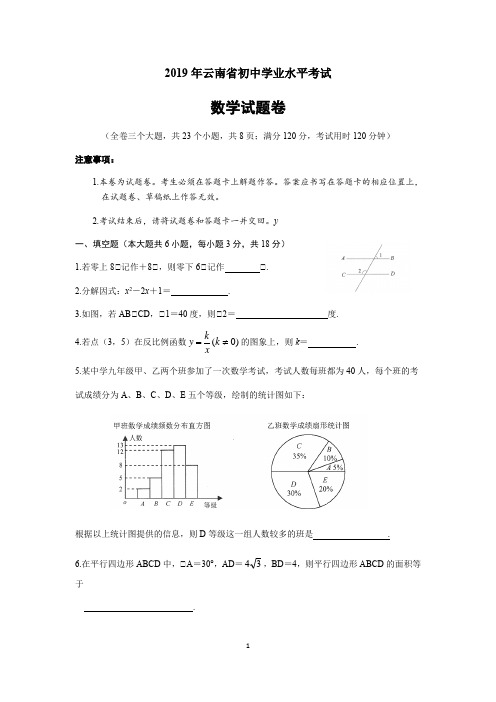 2019年云南省中考数学试题题(含解析)