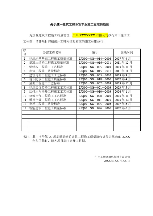 施工执行标准名称及编号