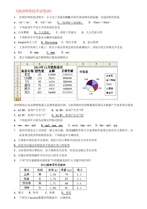 2015年信息技术会考模拟选择题10(俞同明版)