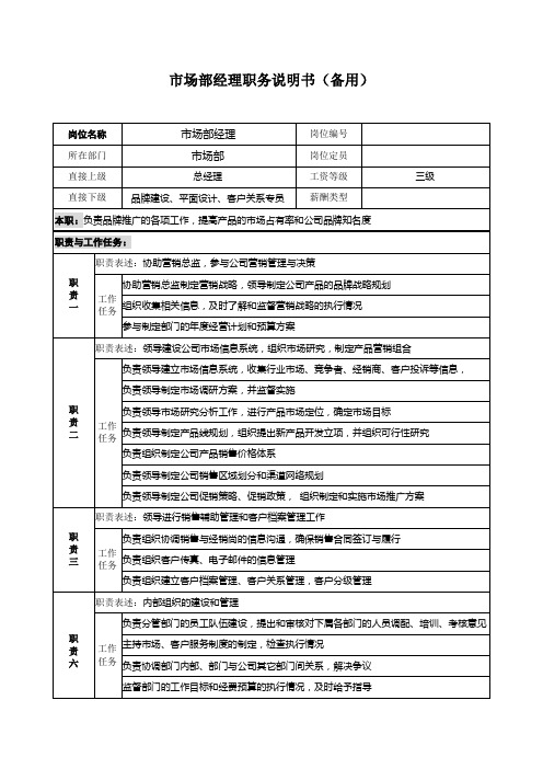 市场部经理职务说明书