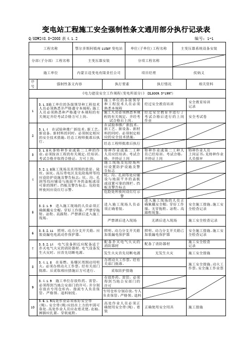 变电站工程施工安全强制性条文执行记录表